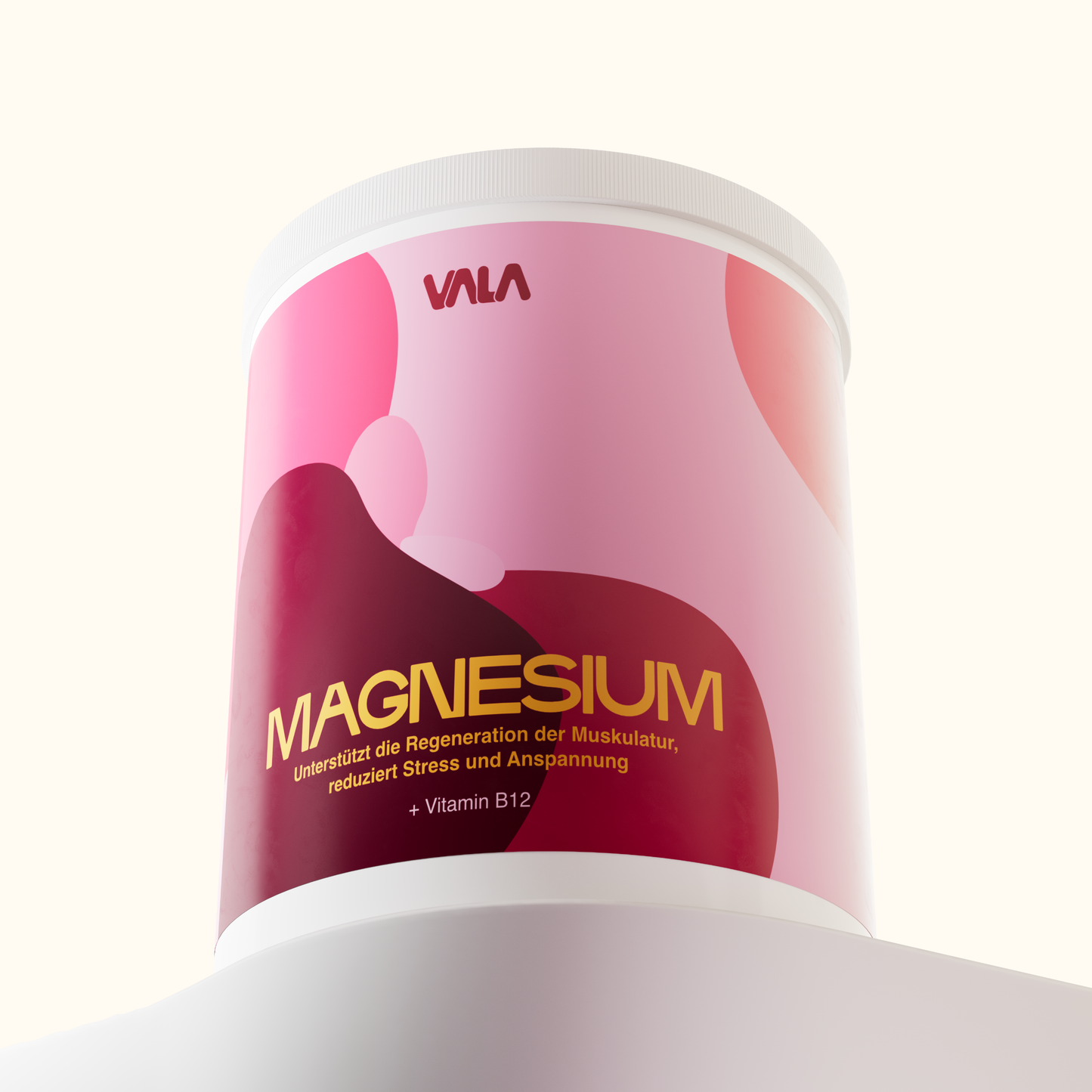 Produktbild auf weißem Podest, Pastellgelber Hintergrund, organisches modernes Packaging